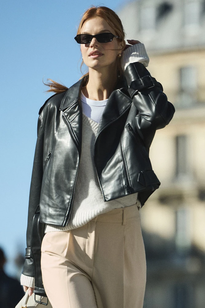 Belted Faux Leather Biker Jacket