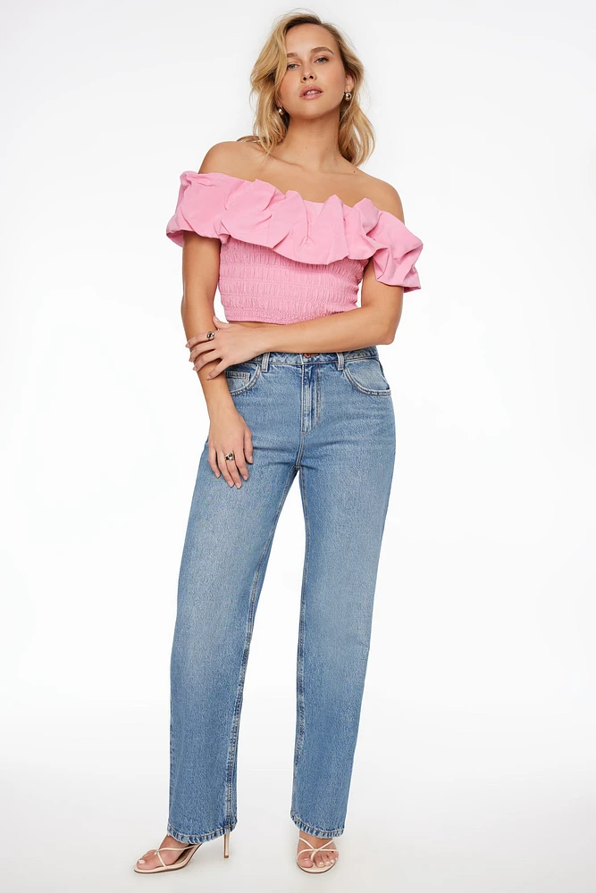 Off Shoulder Gathered Linen Top