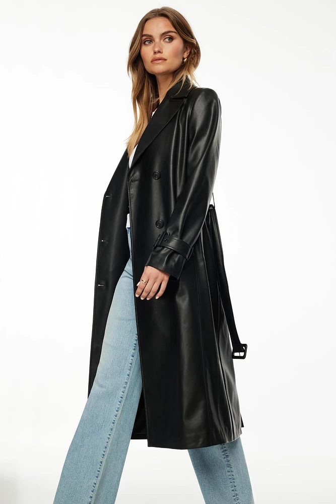 Military Faux Leather Trench Coat