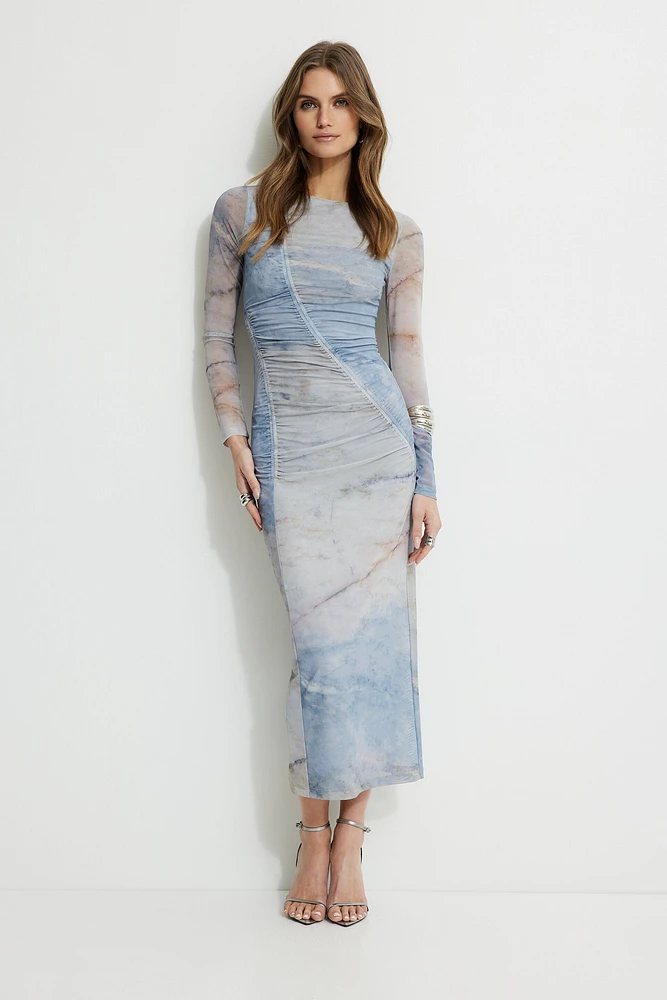 Shirred Mesh Maxi Dress