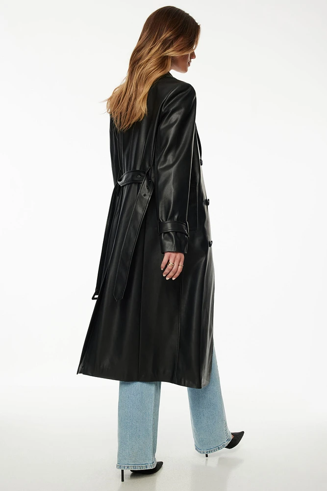 Military Faux Leather Trench Coat