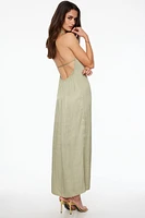 Crinkled Halter Satin Maxi Dress