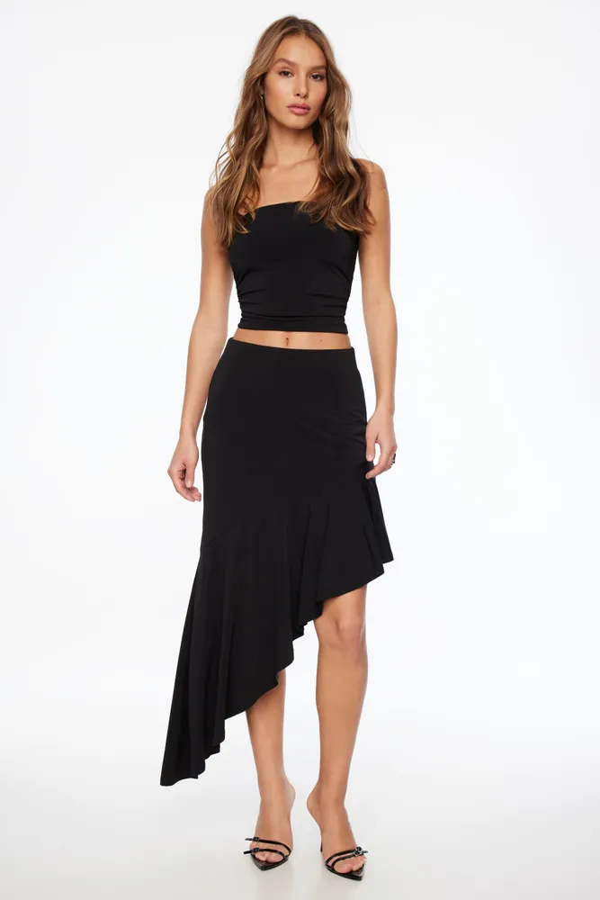 Sculpt Asymmetric Ruffle Midi Skirt