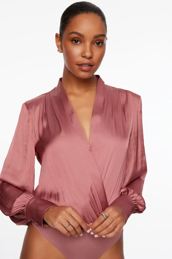 Long Sleeve Satin Wrap Bodysuit