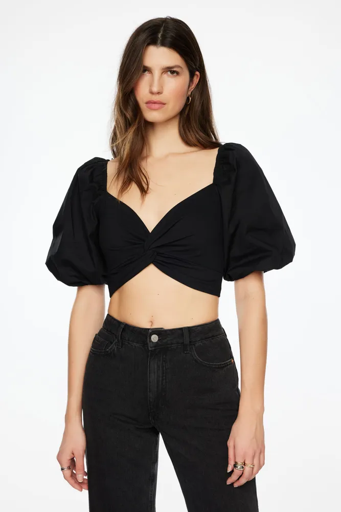 Indie Puff Sleeve Twist Front Crop Top