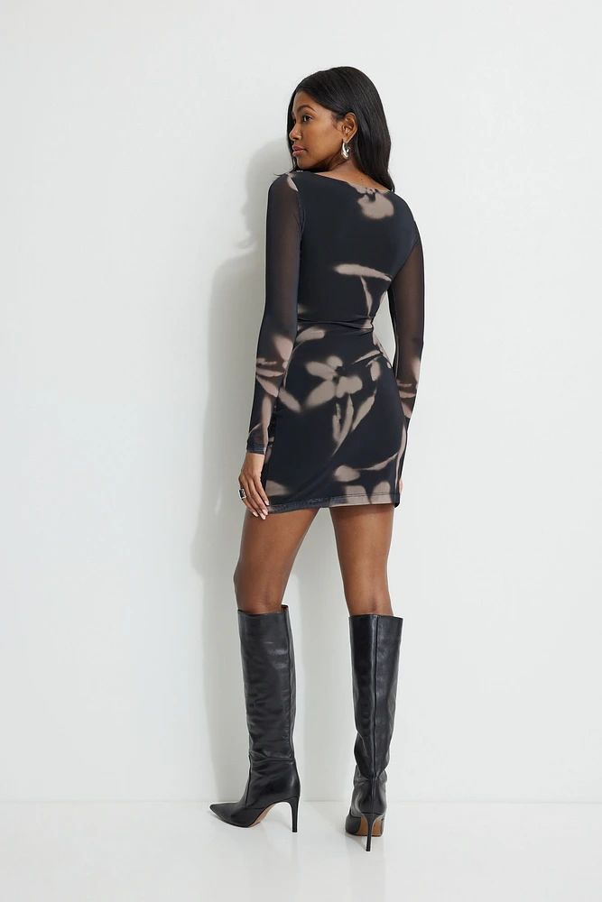 Shirred Mesh Mini Dress