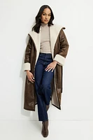 Manteau croisé en faux cuir et sherpa