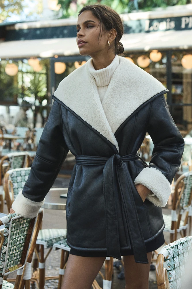 Sherpa Short Faux Leather Wrap Coat