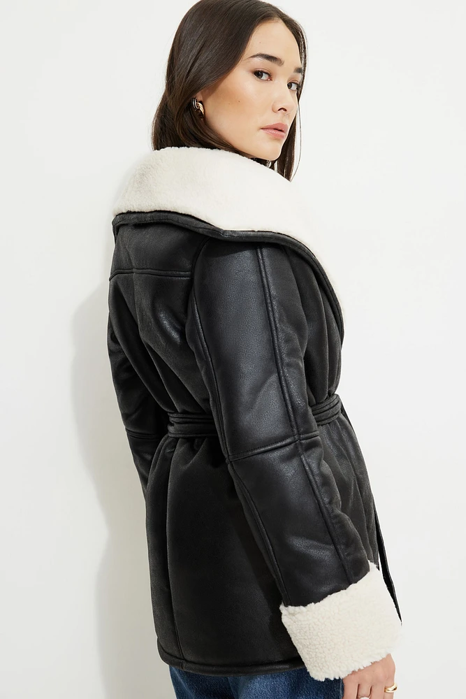 Sherpa Short Faux Leather Wrap Coat