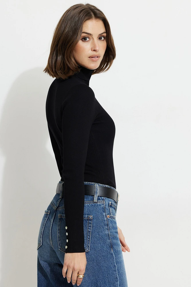 Button Cuff Turtleneck Sweater