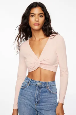 Long Sleeve Twist Front Crop Top