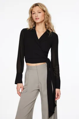 Long Sleeve Collared Wrap  Blouse