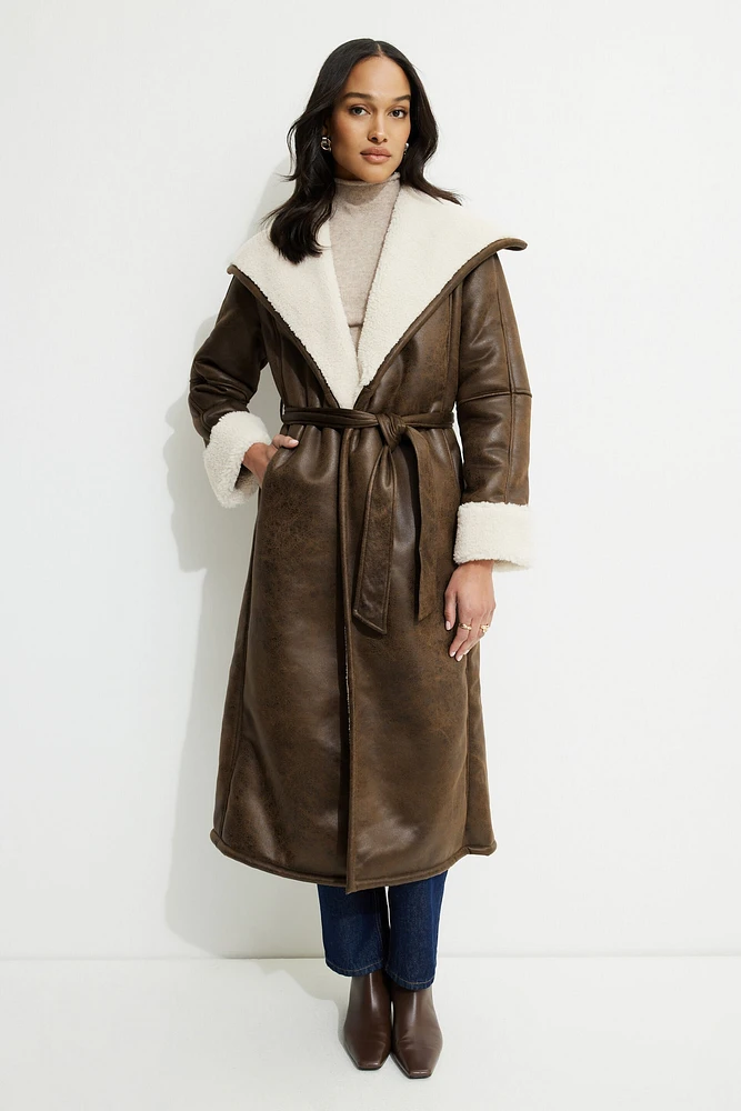 Sherpa Faux Leather Wrap Coat