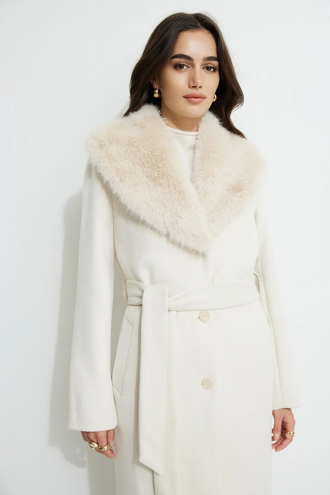 Belted Faux Fur Collar Coat