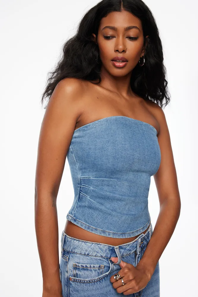 Pleated Denim Bustier Top