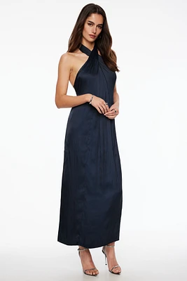 Crinkled Halter Satin Maxi Dress