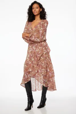 Long Sleeve Ruffled Wrap Midi Dress