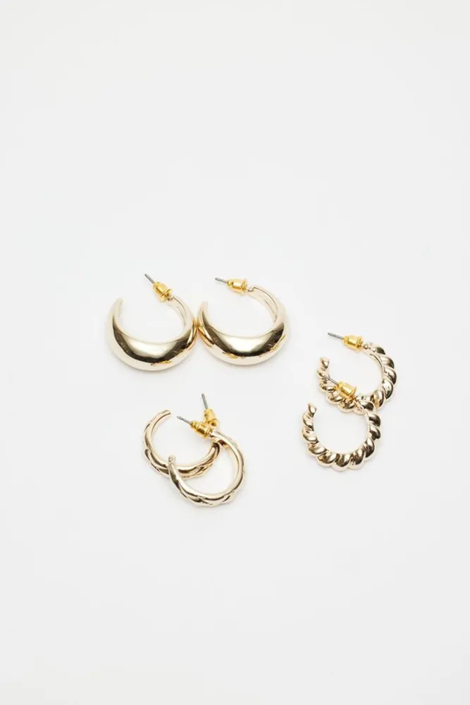 3-Pack Textured & Smooth Hoop Earrings