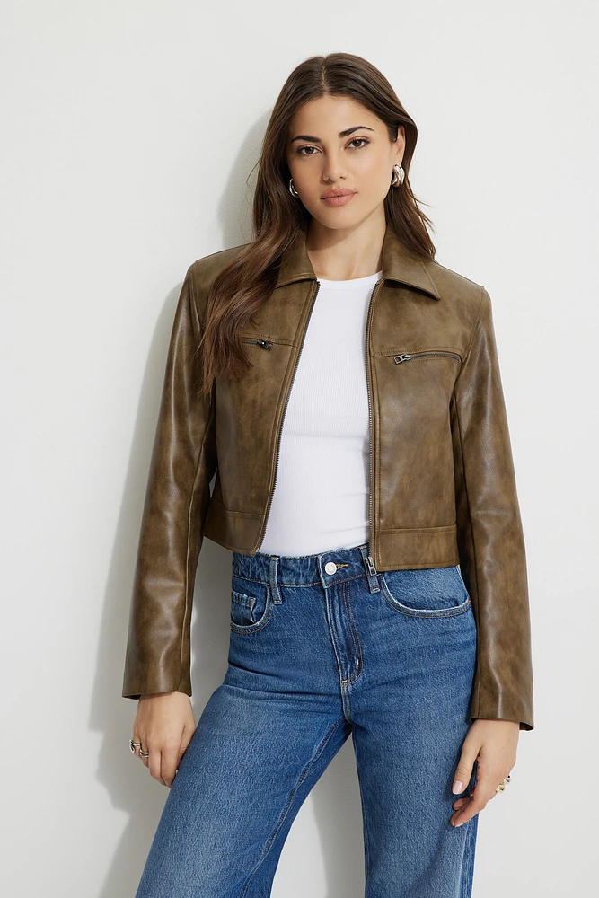Blouson de moto en faux cuir délavé