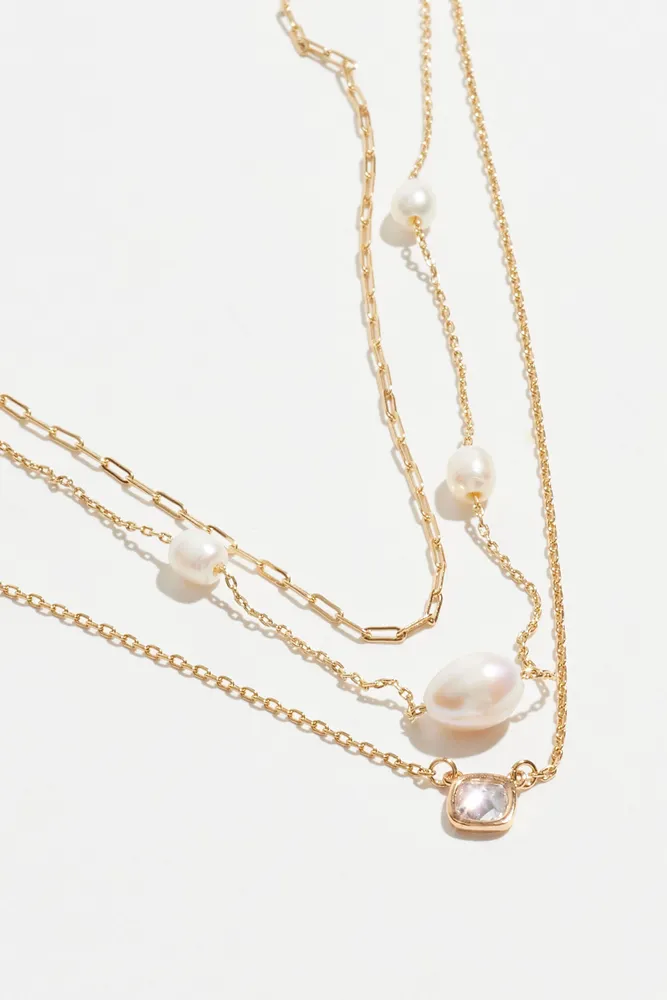 3-Pack Pearl & Cushion Gem Necklace