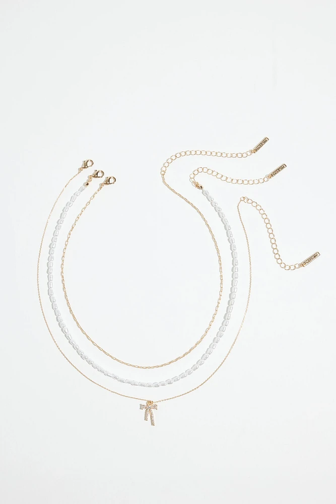 3-Pack Pearl & Bow Necklaces