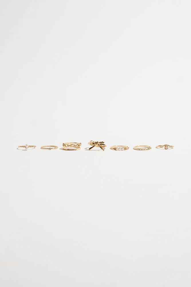 8-Pack Pearl and Bow Delicate Rings