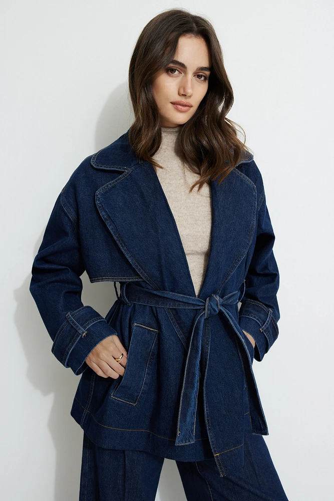 Cropped Denim Trench Coat