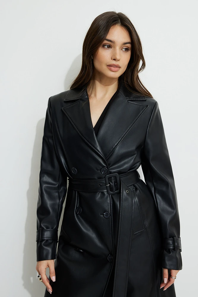 Military Faux Leather Trench Coat