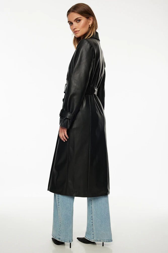 Military Faux Leather Trench Coat