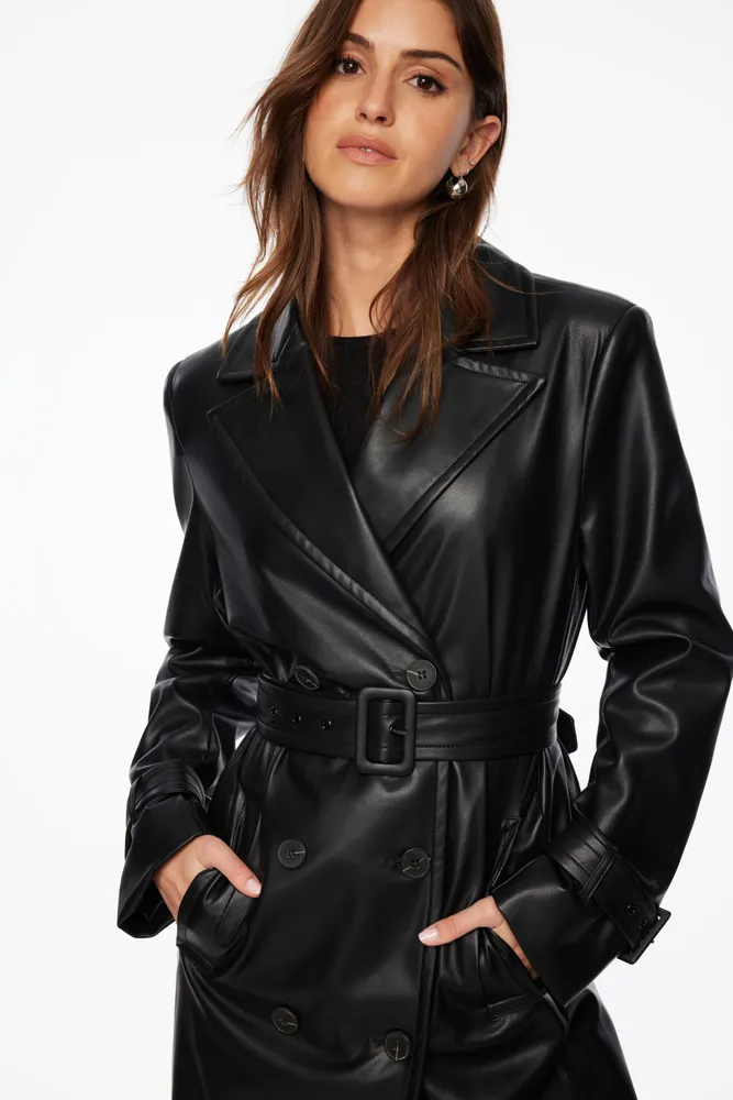 Military Faux Leather Trench Coat