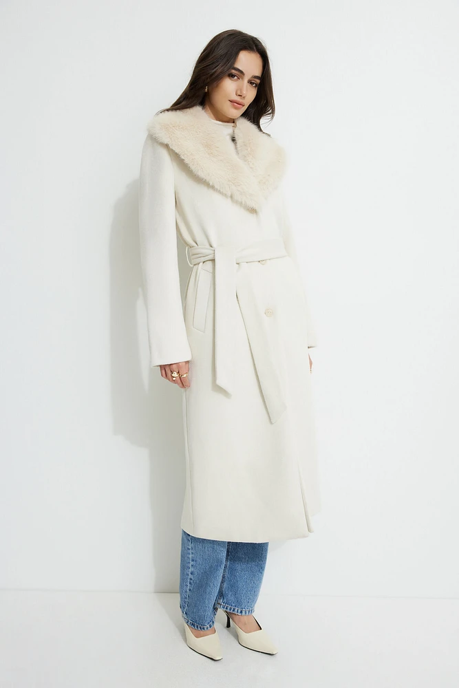 Belted Faux Fur Collar Coat