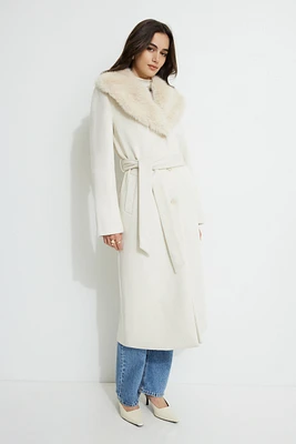 Belted Faux Fur Collar Coat