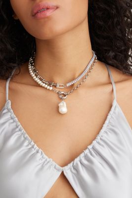 Layered Pearl Drop Chain Necklace