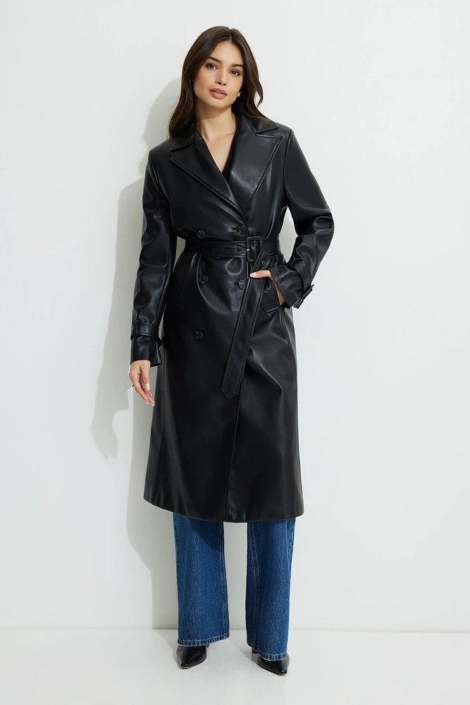 Military Faux Leather Trench Coat