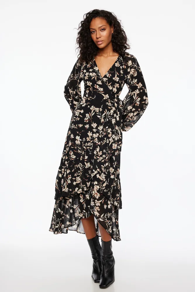 Long Sleeve Ruffled Wrap Dress