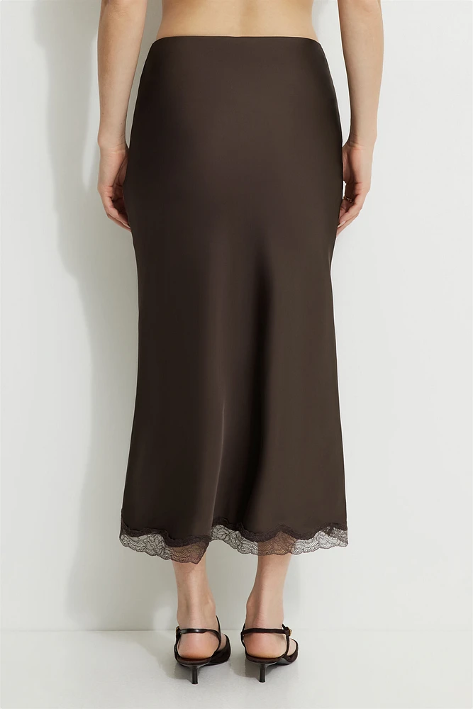 Satin Lace Trim Maxi Slip Skirt