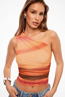 One Shoulder Shirred Mesh Top