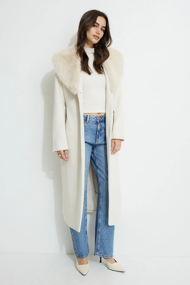 Belted Faux Fur Collar Coat