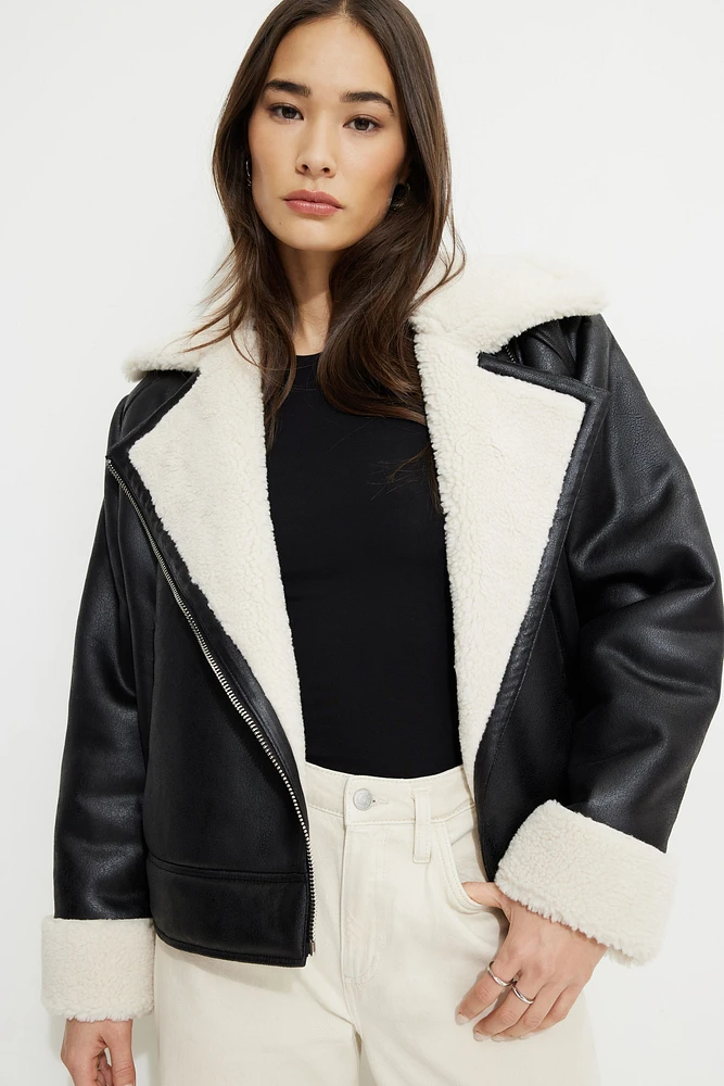 Blouson aviateur en sherpa et faux cuir