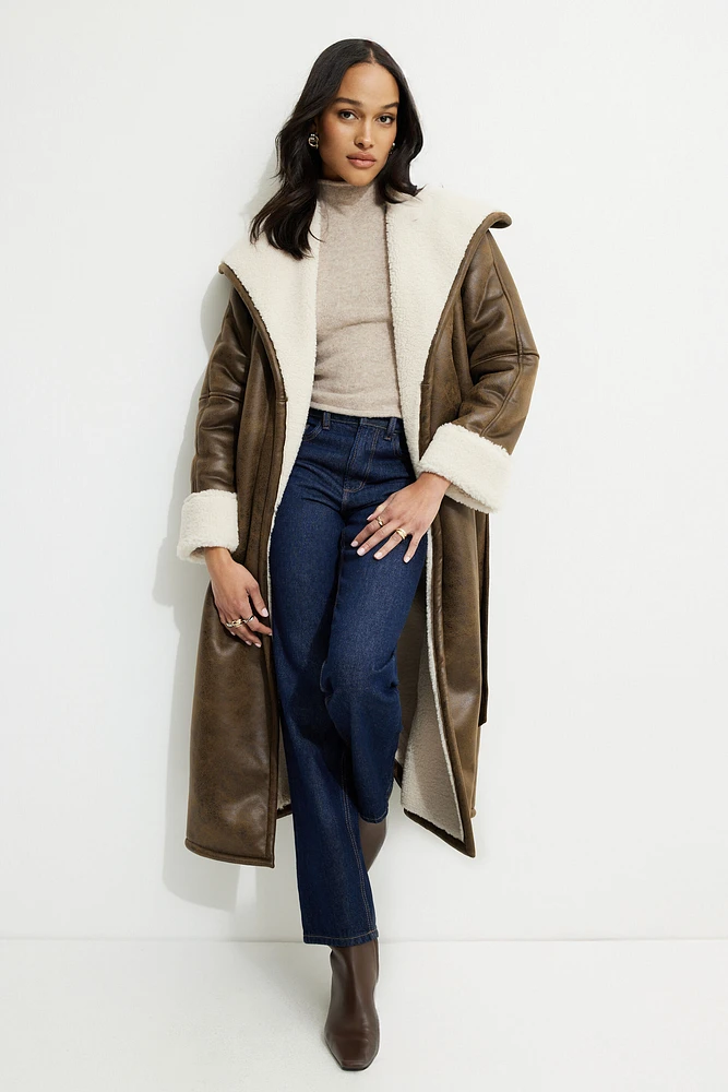 Sherpa Faux Leather Wrap Coat