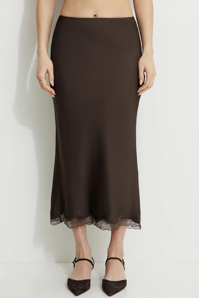 Satin Lace Trim Maxi Slip Skirt