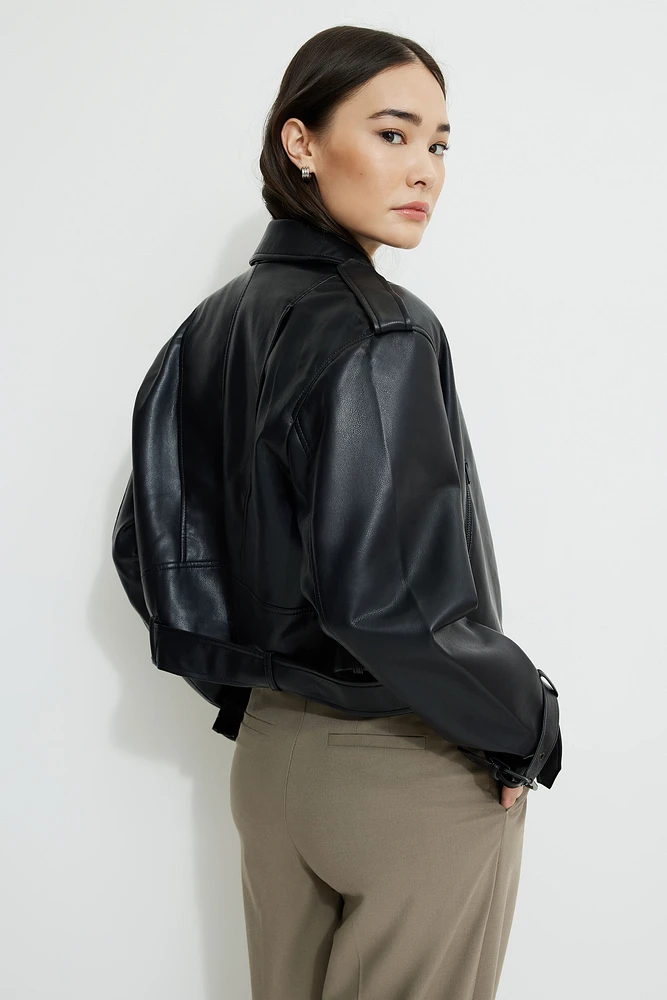 Belted Faux Leather Biker Jacket