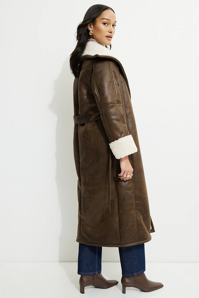 Sherpa Faux Leather Wrap Coat