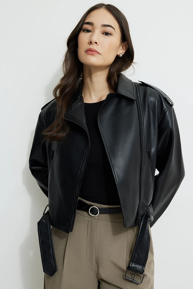 Blouson de moto en faux cuir avec ceinture