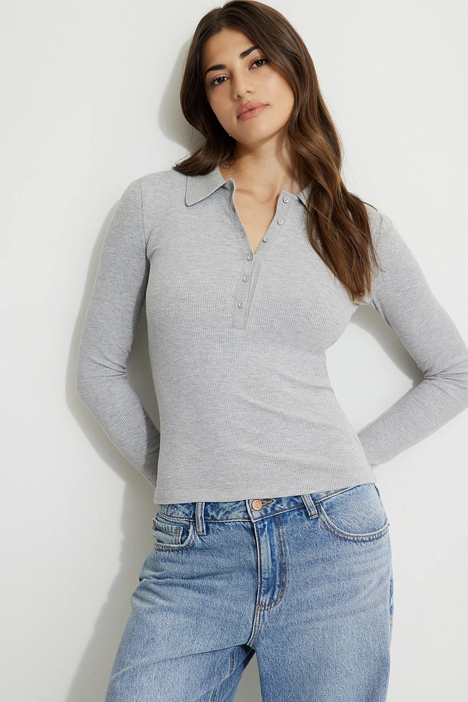 Ribbed Long Sleeve Polo Top