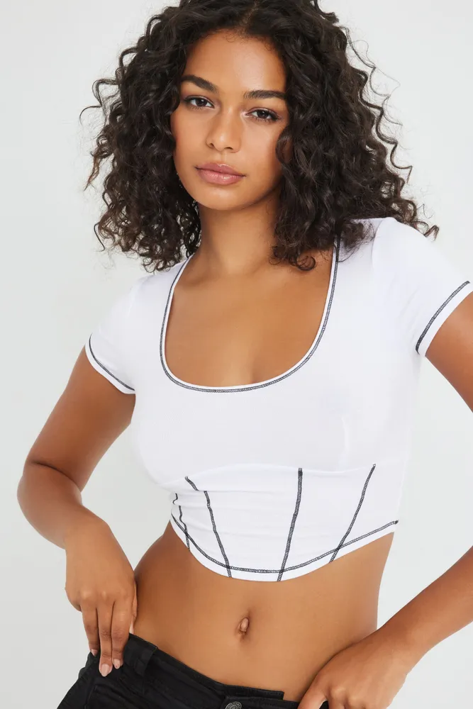 Corset-style Ribbed Top - White - Ladies