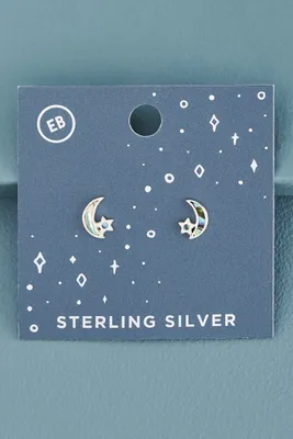 Moon and Star Sterling Silver Stud Earrings