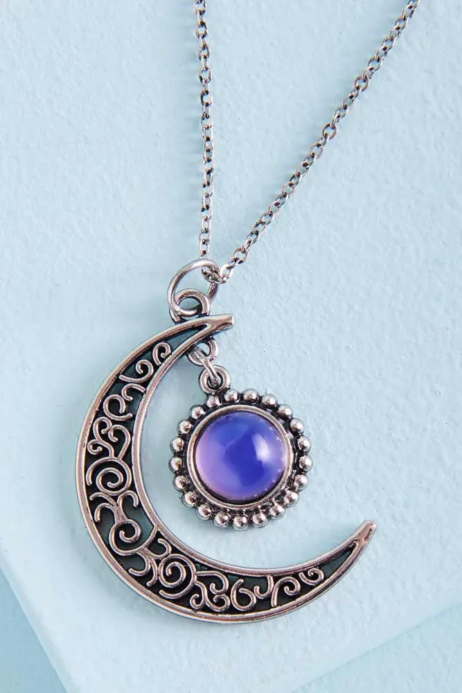 Silver Crescent Moon Pendant Mood Necklace