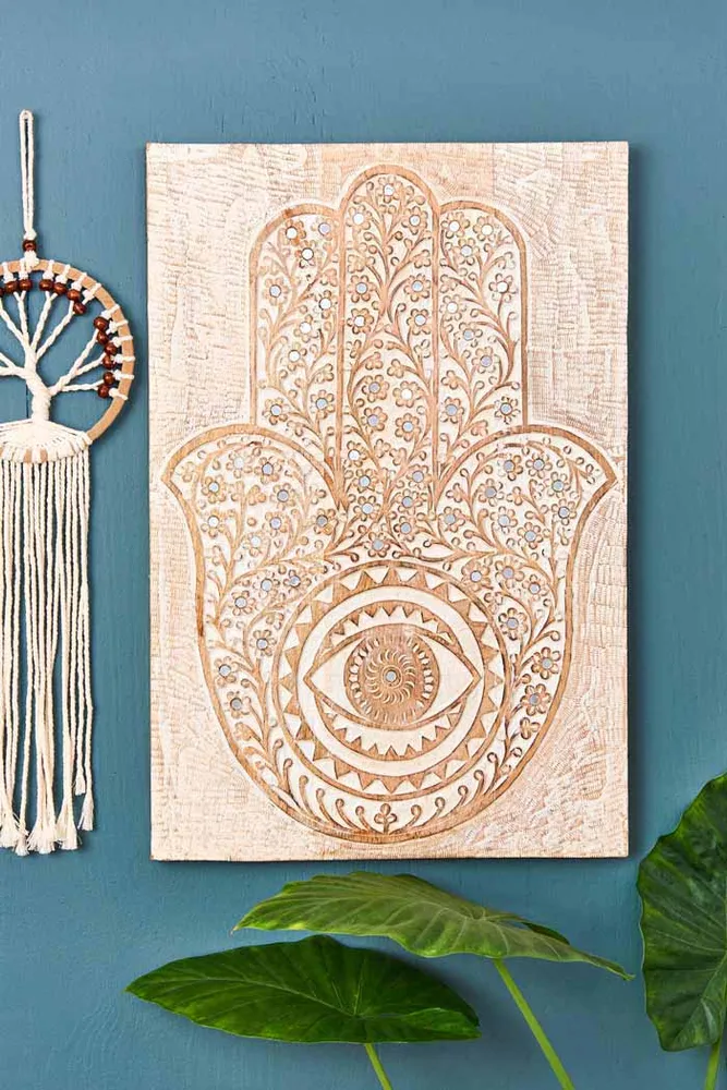 Hamsa Hand Wood Plaque with Mirrors