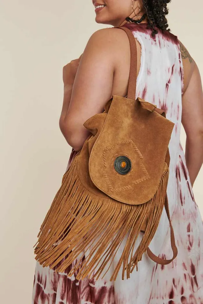 Brown Suede Fringe Backpack